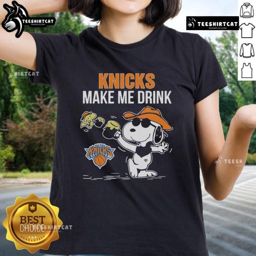 Official Snoopy and Woodstock New York Knicks 'Make Me Drink' Ladies Tee featuring playful graphics and team colors.