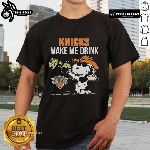 Official Snoopy and Woodstock New York Knicks T-shirt featuring a playful design that says 'Make Me Drink.'