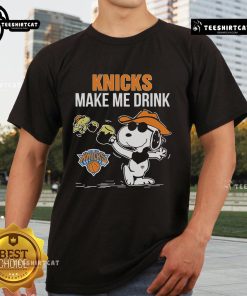 Official Snoopy and Woodstock New York Knicks T-shirt featuring a playful design that says 'Make Me Drink.'