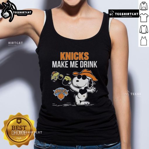 Official Snoopy and Woodstock New York Knicks Make Me Drink Tank Top featuring vibrant graphics and team colors.