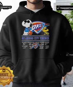 Alt Text: Official Snoopy and Woodstock Oklahoma City Thunder Signature Hoodie featuring vibrant team colors and playful designs.