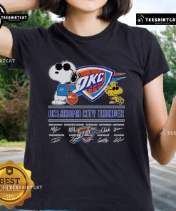 Official Snoopy and Woodstock Oklahoma City Thunder signature ladies tee featuring vibrant graphics and team colors.