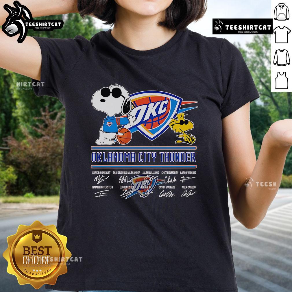 Official Snoopy And Woodstock Oklahoma City Thunder Signature Ladies Tee Official Snoopy and Woodstock Oklahoma City Thunder signature ladies tee featuring vibrant graphics and team colors.