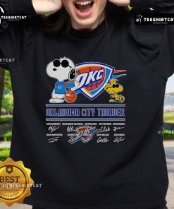 Alt Text: Official Snoopy and Woodstock Oklahoma City Thunder sweatshirt featuring vibrant graphics and cozy design.