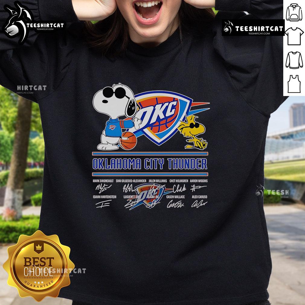 Official Snoopy And Woodstock Oklahoma City Thunder Signature Sweatshirt Alt Text: Official Snoopy and Woodstock Oklahoma City Thunder sweatshirt featuring vibrant graphics and cozy design.