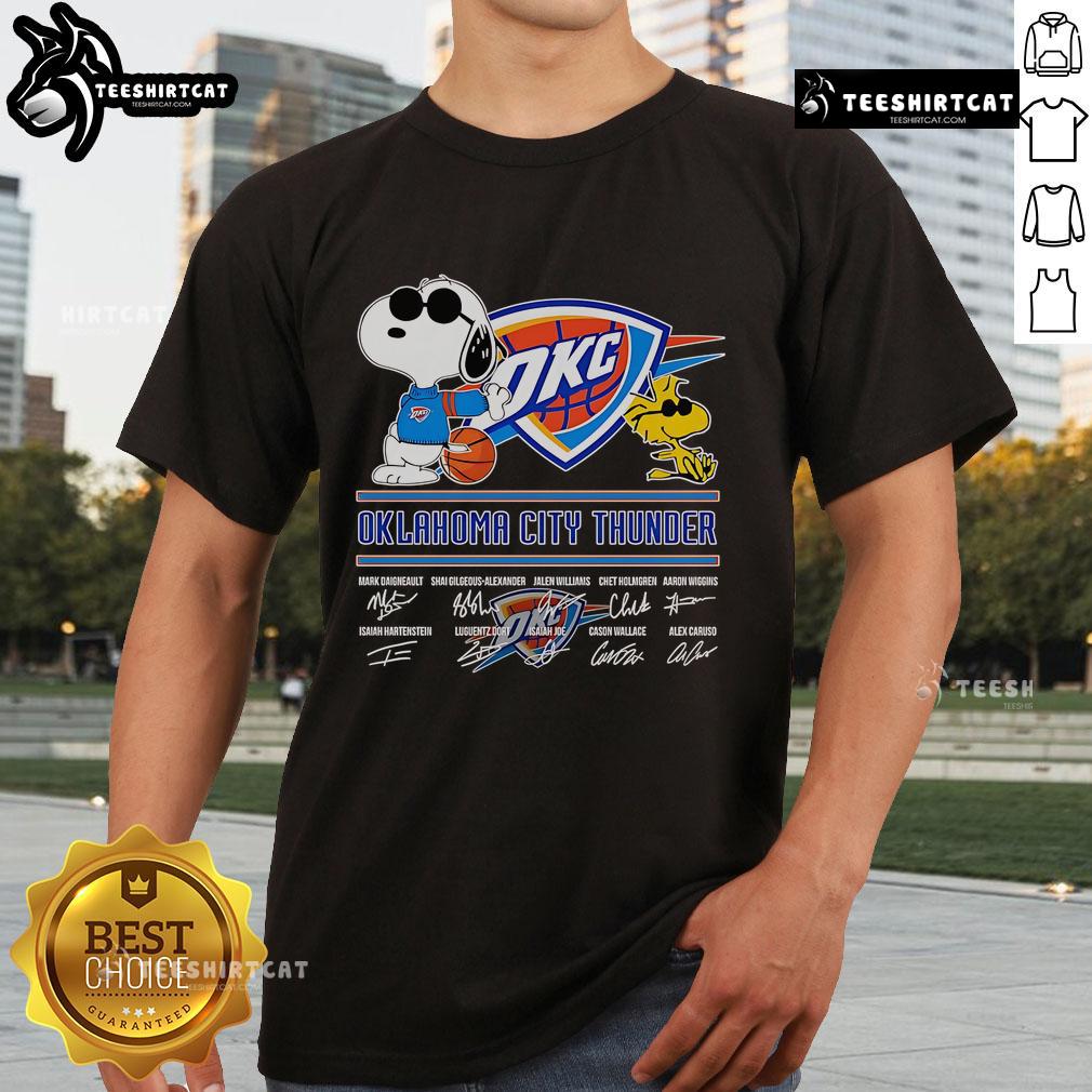 Official Snoopy And Woodstock Oklahoma City Thunder Signature T Shirt Alt Text: Official Snoopy and Woodstock Oklahoma City Thunder signature t-shirt featuring vibrant graphics and team colors.