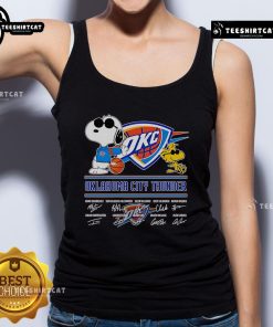 Official Snoopy and Woodstock Oklahoma City Thunder signature tank top featuring vibrant graphics and team logos.