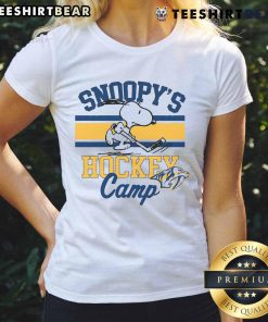Official Snoopy Nashville Predators Hockey Camp Ladies Tee featuring Snoopy and NHL team logos for hockey fans.