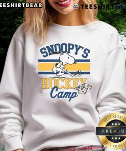 Official Snoopy Nashville Predators sweatshirt featuring Snoopy at hockey camp, perfect for NHL fans and collectors.