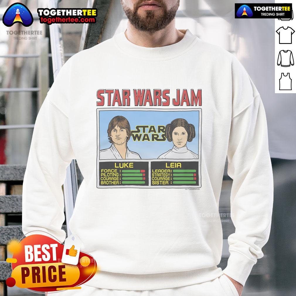 Official Star Wars Jam Luke And Leia Sweatshirt Alt Text: Official Star Wars Jam Luke and Leia Sweatshirt featuring iconic characters in vibrant design for fans.