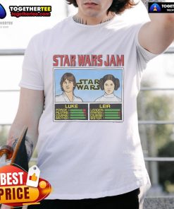 Alt Text: Official Star Wars Jam Luke and Leia T-Shirt featuring iconic characters in a vibrant design for fans.