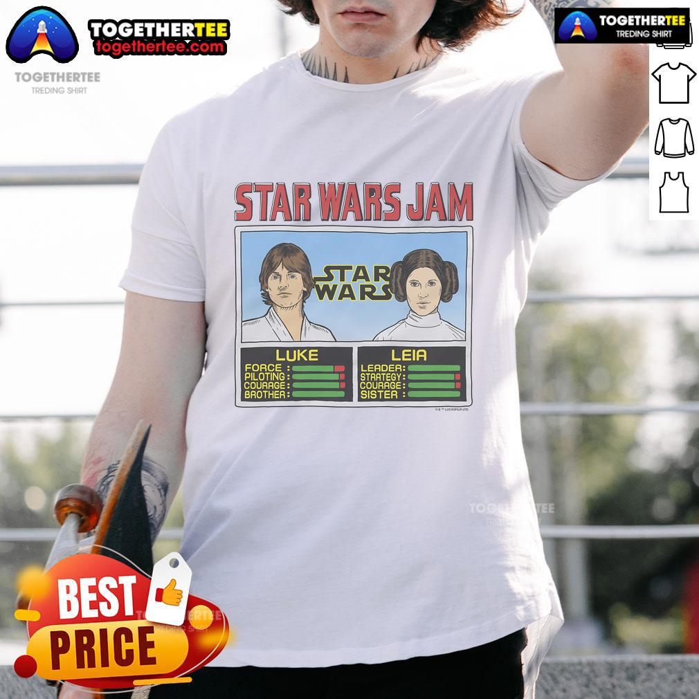 Official Star Wars Jam Luke And Leia T Shirt Alt Text: Official Star Wars Jam Luke and Leia T-Shirt featuring iconic characters in a vibrant design for fans.