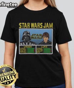 Alt Text: Official Star Wars Jam Vader and Luke Ladies Tee featuring iconic characters in a stylish design for fans.