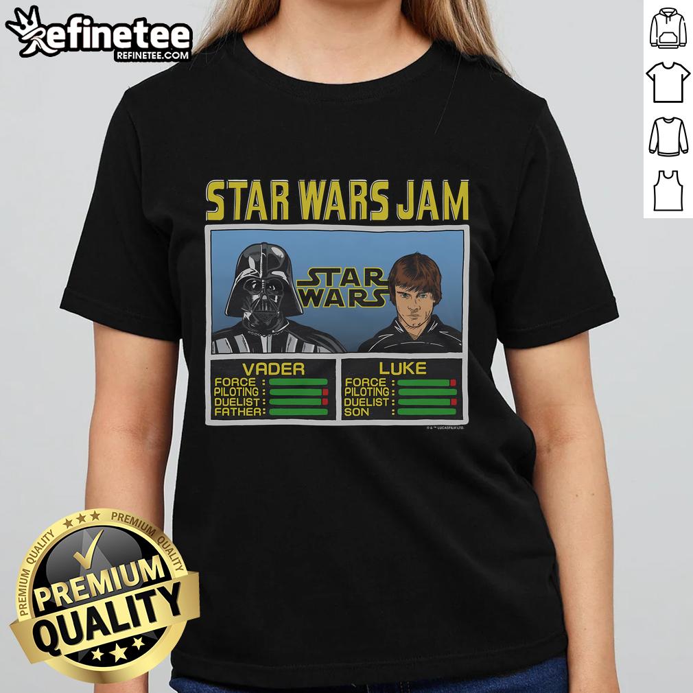 Official Star Wars Jam Vader And Luke Ladies Tee Alt Text: Official Star Wars Jam Vader and Luke Ladies Tee featuring iconic characters in a stylish design for fans.