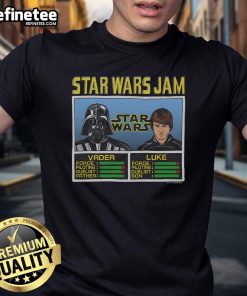 Official Star Wars Jam Vader and Luke T-Shirt featuring iconic characters in a vibrant, dynamic design for fans.