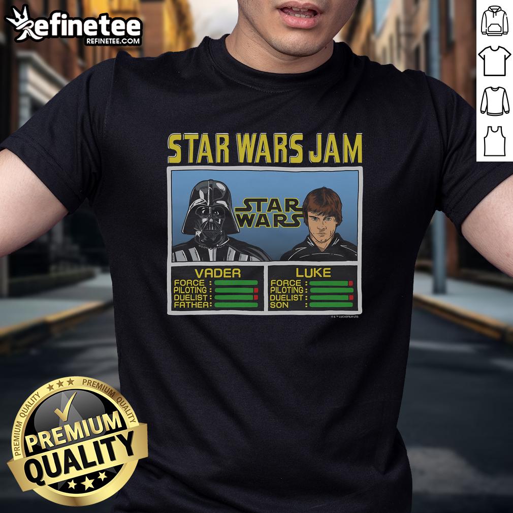Official Star Wars Jam Vader And Luke T Shirt Official Star Wars Jam Vader and Luke T-Shirt featuring iconic characters in a vibrant, dynamic design for fans.