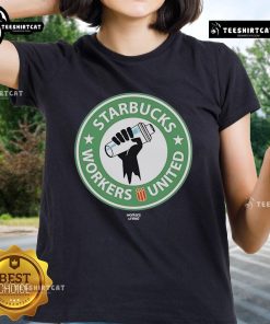 Official Starbucks Workers United Union Ladies Tee featuring union logo, perfect for supporters of workers' rights.