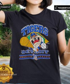 Vintage ladies tee featuring Official Taz Mania Detroit Tigers logo, perfect for American League fans and collectors.