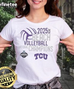 Official TCU Horned Frogs 2025 NCAA Beach Volleyball National Champions ladies tee design featuring team colors.