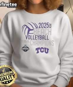 TCU Horned Frogs 2025 NCAA Beach Volleyball National Champions sweatshirt featuring vibrant team colors and logo.