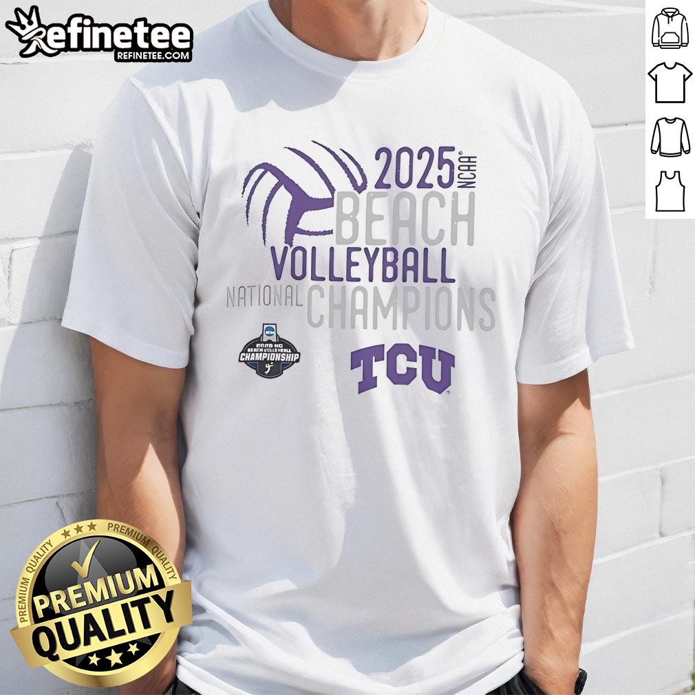 Official Tcu Horned Frogs 2025 Ncaa Beach Volleyball National Champions T Shirt Alt Text: Official TCU Horned Frogs 2025 NCAA Beach Volleyball National Champions T-Shirt showcasing team pride and victory.