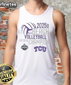 Official TCU Horned Frogs 2025 NCAA Beach Volleyball National Champions tank top featuring vibrant team colors and logo.
