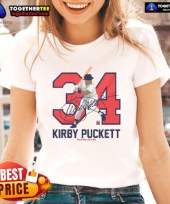 Official Team Brown Kirby Puckett Baseball Hall of Fame member signature on a ladies tee shirt.