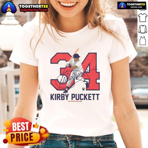Official Team Brown Kirby Puckett Baseball Hall of Fame member signature on a ladies tee shirt.