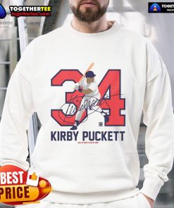 Alt Text: Official Team Brown Kirby Puckett Baseball Hall of Fame member signature sweatshirt displayed on a hanger.