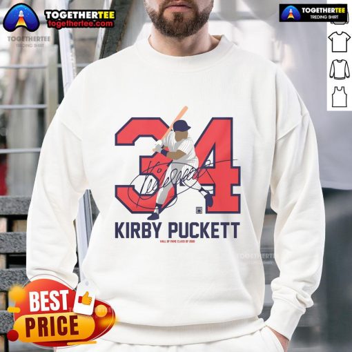 Alt Text: Official Team Brown Kirby Puckett Baseball Hall of Fame member signature sweatshirt displayed on a hanger.