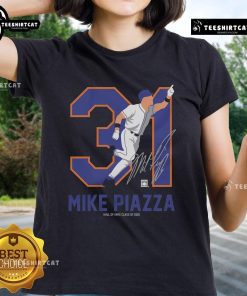 Alt Text: Official Team Brown Mike Piazza Baseball Hall of Fame Member signature on a stylish ladies tee shirt.