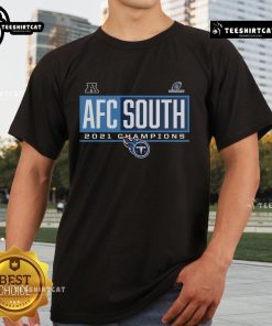 Official Tennessee Titans 2021 AFC South Division Champions T-Shirt featuring bold, blocked lettering and team colors.