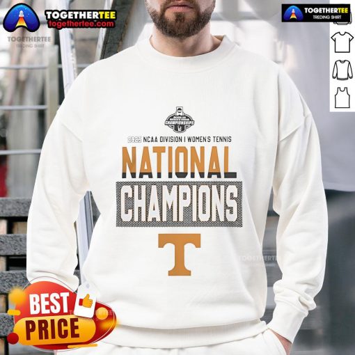 Official Tennessee Volunteers 2025 NCAA DI Women's Tennis National Champions sweatshirt featuring team colors and logo.