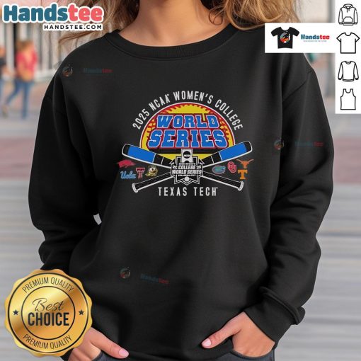 Alt Text: Official Texas Tech 2025 Softball College World Series sweatshirt featuring crossed bats design for fans.