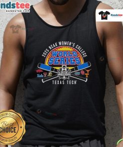Official Texas Tech 2025 Softball College World Series cross bats tank top featuring team colors and logo design.