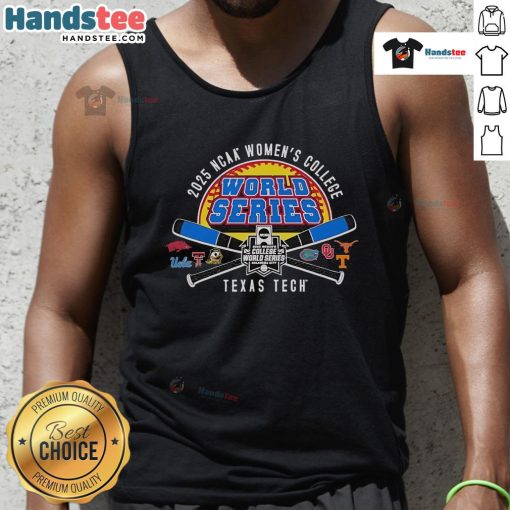 Official Texas Tech 2025 Softball College World Series cross bats tank top featuring team colors and logo design.