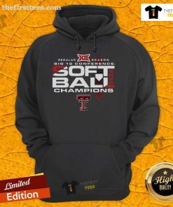 Official Texas Tech Red Raiders 2025 Big 12 Softball Champions hoodie in red, celebrating the team's regular season victory.