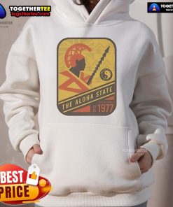 Official Aloha State Stamp Warrior hoodie, serving Hawaii since 1977, showcasing vibrant design and island pride.