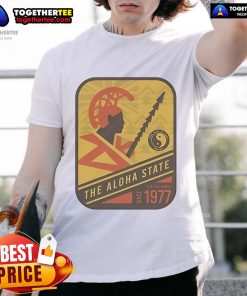 Alt Text: Official The Aloha State Stamp Warrior T-Shirt, serving Hawaii since 1977, showcasing vibrant island pride and culture.