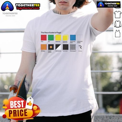Official The Race Guide To Flags T-Shirt featuring vibrant flag designs, perfect for racing fans and enthusiasts.