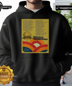 Official Thievery Corporation North American Tour 2025 poster featured on a stylish hoodie, showcasing vibrant concert art.