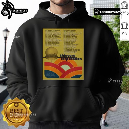Official Thievery Corporation North American Tour 2025 poster featured on a stylish hoodie, showcasing vibrant concert art.