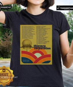 Official Thievery Corporation North American Tour 2025 poster featuring a stylish ladies tee design.