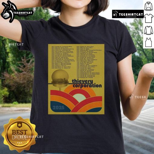 Official Thievery Corporation North American Tour 2025 poster featuring a stylish ladies tee design.
