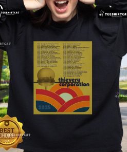 Official Thievery Corporation North American Tour 2025 poster design featured on a stylish sweatshirt.