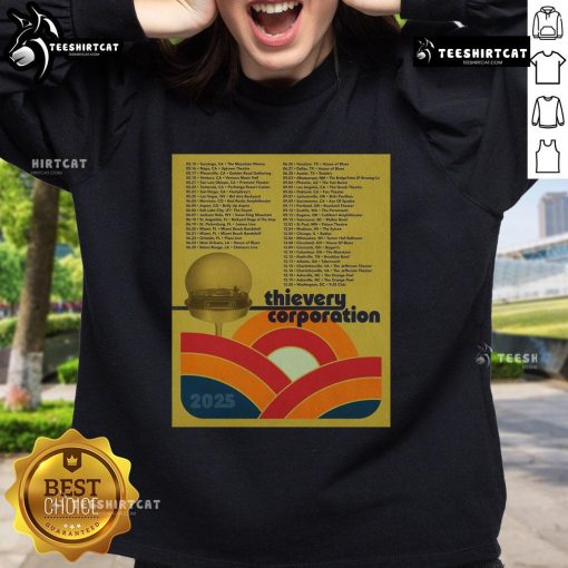 Official Thievery Corporation North American Tour 2025 poster design featured on a stylish sweatshirt.
