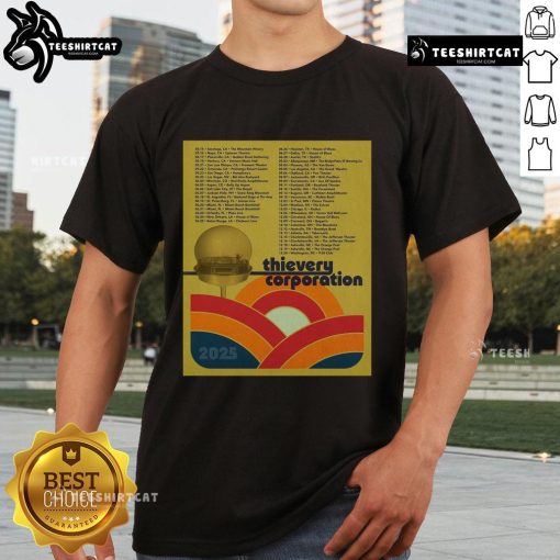 Official Thievery Corporation North American Tour 2025 poster T-shirt featuring vibrant graphic design and tour dates.