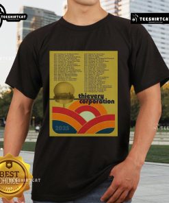 Official Thievery Corporation North American Tour 2025 poster T-shirt featuring vibrant graphic design and tour dates.