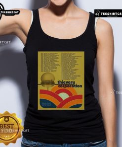 Alt Text: Official Thievery Corporation North American Tour 2025 poster on a tank top, featuring vibrant graphics and tour dates.