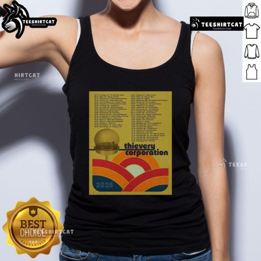 Alt Text: Official Thievery Corporation North American Tour 2025 poster on a tank top, featuring vibrant graphics and tour dates.